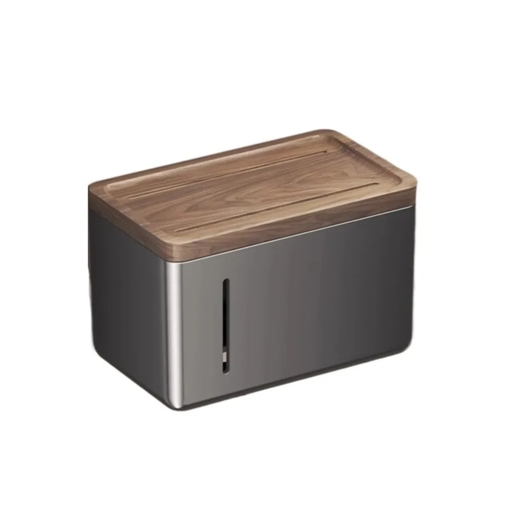 

No Punching Waterproof Toilet Paper Holder with Cover Wall Mounted Beech Paper Box Wooden Material Waterproof Design