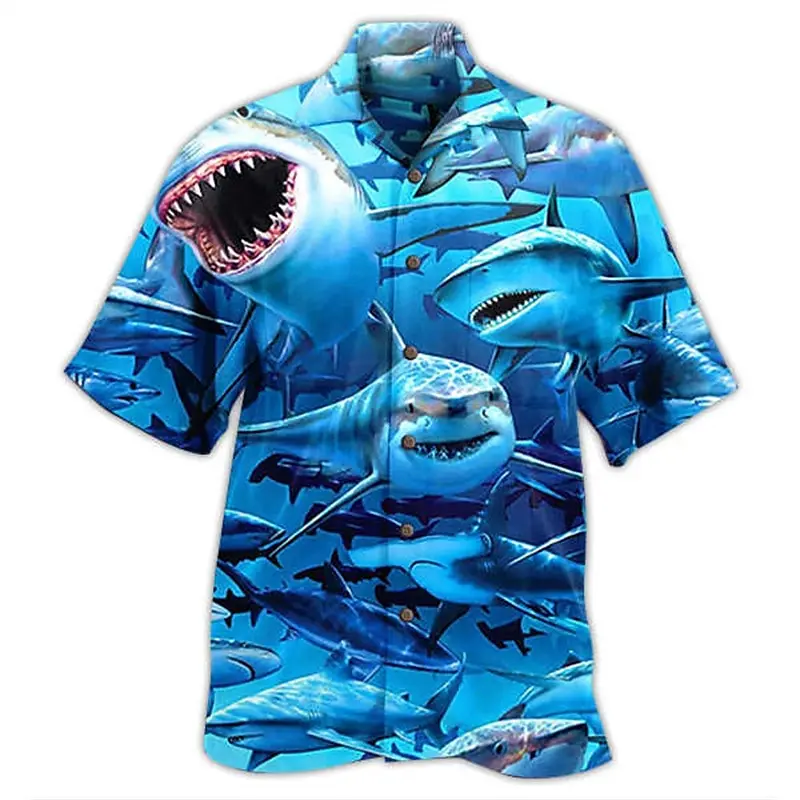 Men's Shirt Graphic T-Shirt Shark Outdoor Street 3D Button Clothing Fashion Design Casual Breathable Summer