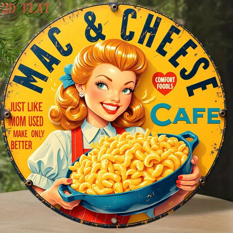 A 2D Flat Print Featuring a Single Metal Sign for a Vintage Mac & Cheese Cafe, Showcasing a Retro Diner Poster with a Cheerful