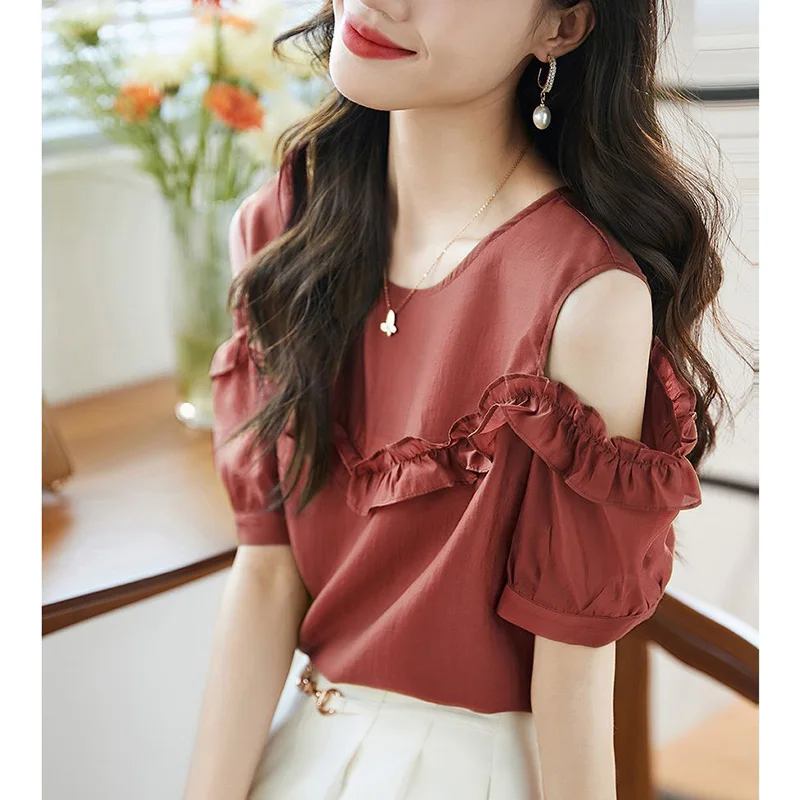 Stylish Solid Color Loose Ruffles Off Shoulder Blouse Female Clothing 2023 Summer New Casual Pullovers Office Lady Chiffon Shirt