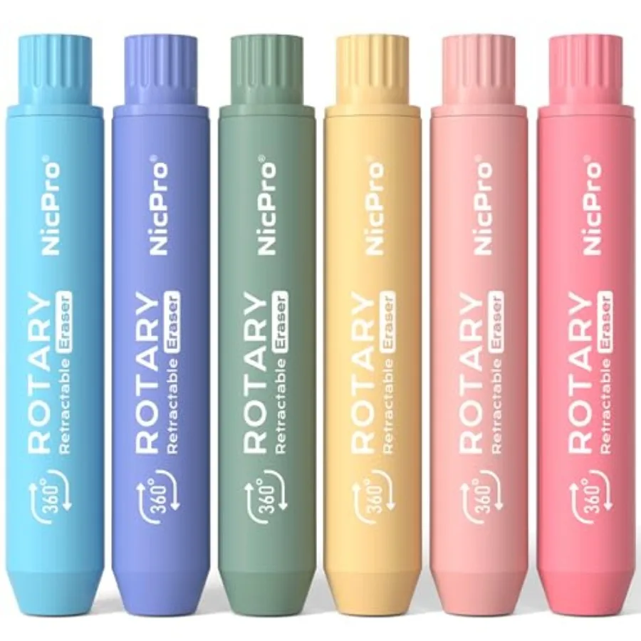

6 Pack Rotary Retractable Erasers, Soft TPE Twist Erasers in Cute Colors, Clean Erasing Large Pencil Eraser for Students,School