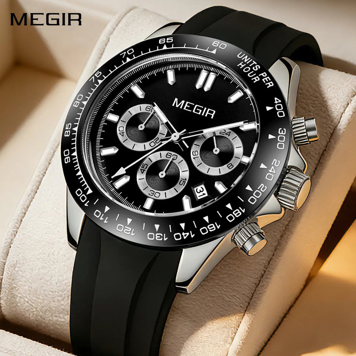 MEGIR Men’s Quartz Chronograph Watch 3ATM Water Resistance Calendar Leisure Sport Wristwatch with 24-hour Silicone Strap Clock