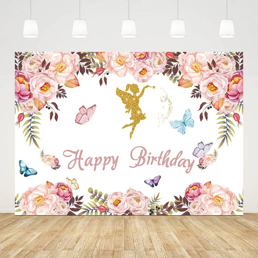 

Mehofond Photography Background Colorful Flower Golden Glitter Fairy Butterfly Girls Birthday Party Photophone Photo Backdrops