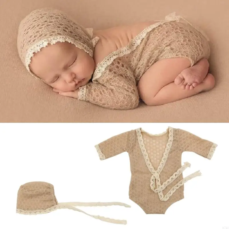 

97BE Baby Photography Props Knit Hat Headdress Jumpsuits Birthday Party Supply 2pcs