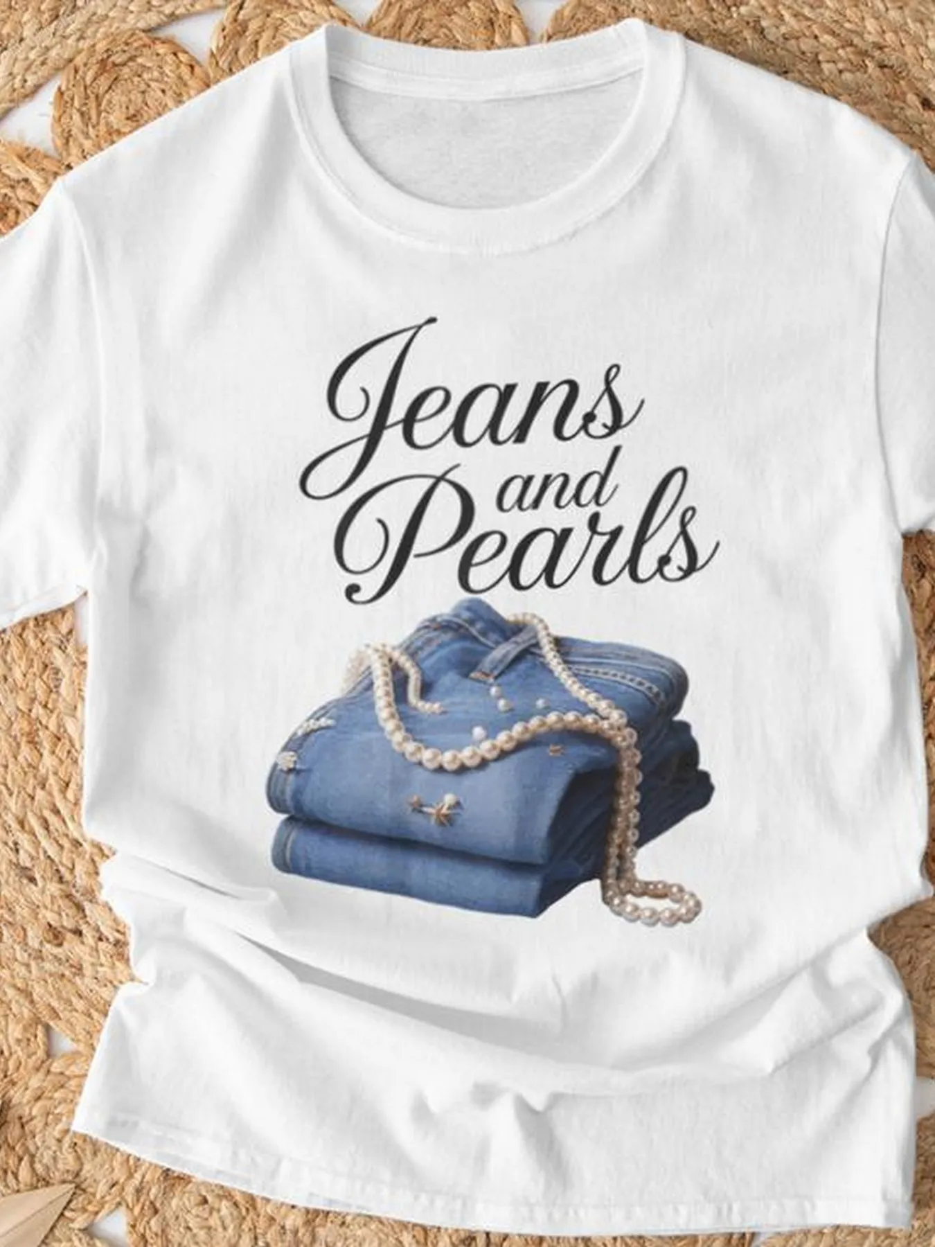 

Women's Jeans & Pearls Graphic T-Shirt Short Sleeve Tee with Single-Sided Print Round Neck Casual Top for All-Season Wear