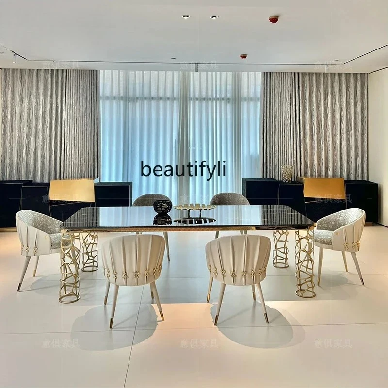 

light luxury stainless steel dining table Household villa dining room Rectangle marble table