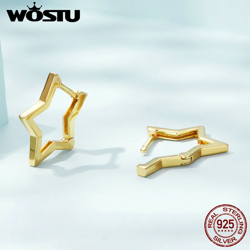 WOSTU 925 Sterling Silver Simple Star Hoop Earrings For Women Black Gold Statement Geometric Hollow Ear Buckle Minimalism Party