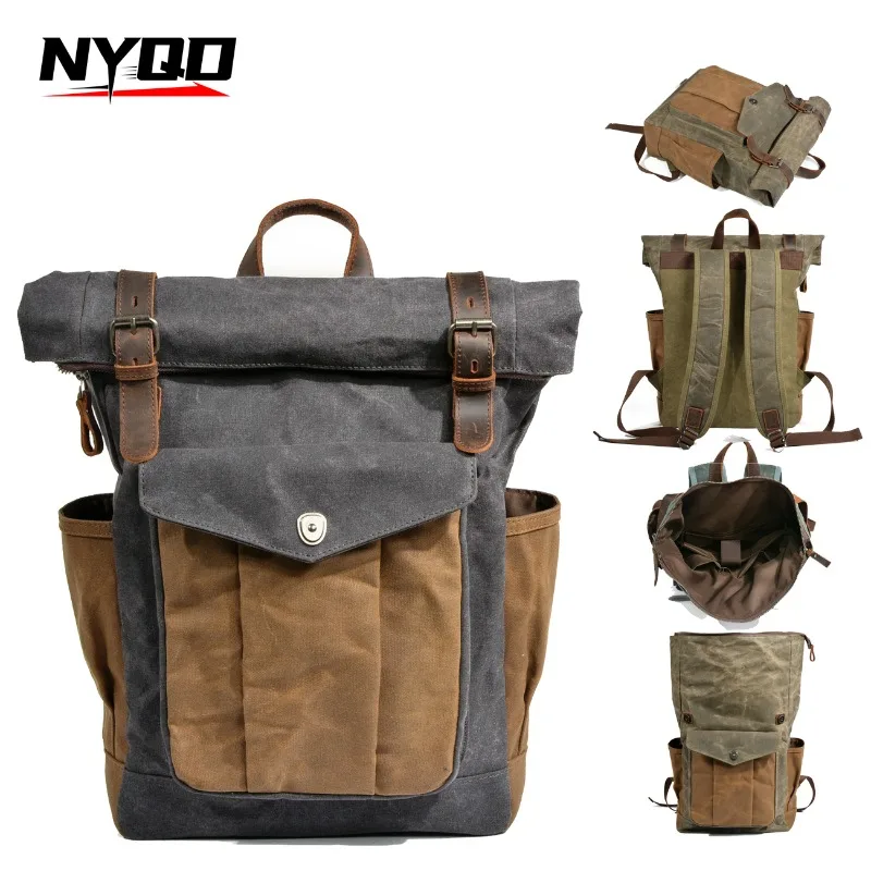 Retro Men Backpacks Oil Wax Canvas Travel Computer Bag Women Fashion Outdoor Sports MountaineeringBag Sırt Çantası Erkek Seyehat