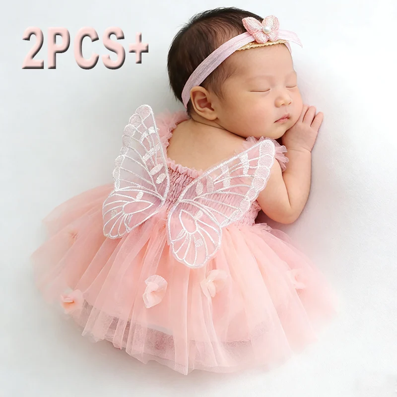 2Pcs Newborn Girl Dress Sweet Hanging Strap Butterfly Mesh Cute Back Butterfly Wings Mesh Dress Princess Dress Suitable for 0-3