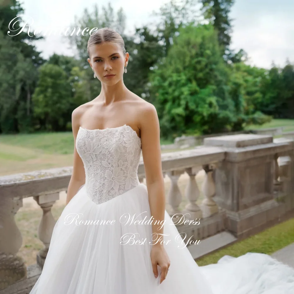 Apliques modernos sem alças a linha vestidos de casamento feminino 2025 renda aberta volta sem mangas plissado tule vestidos de novia personalizado