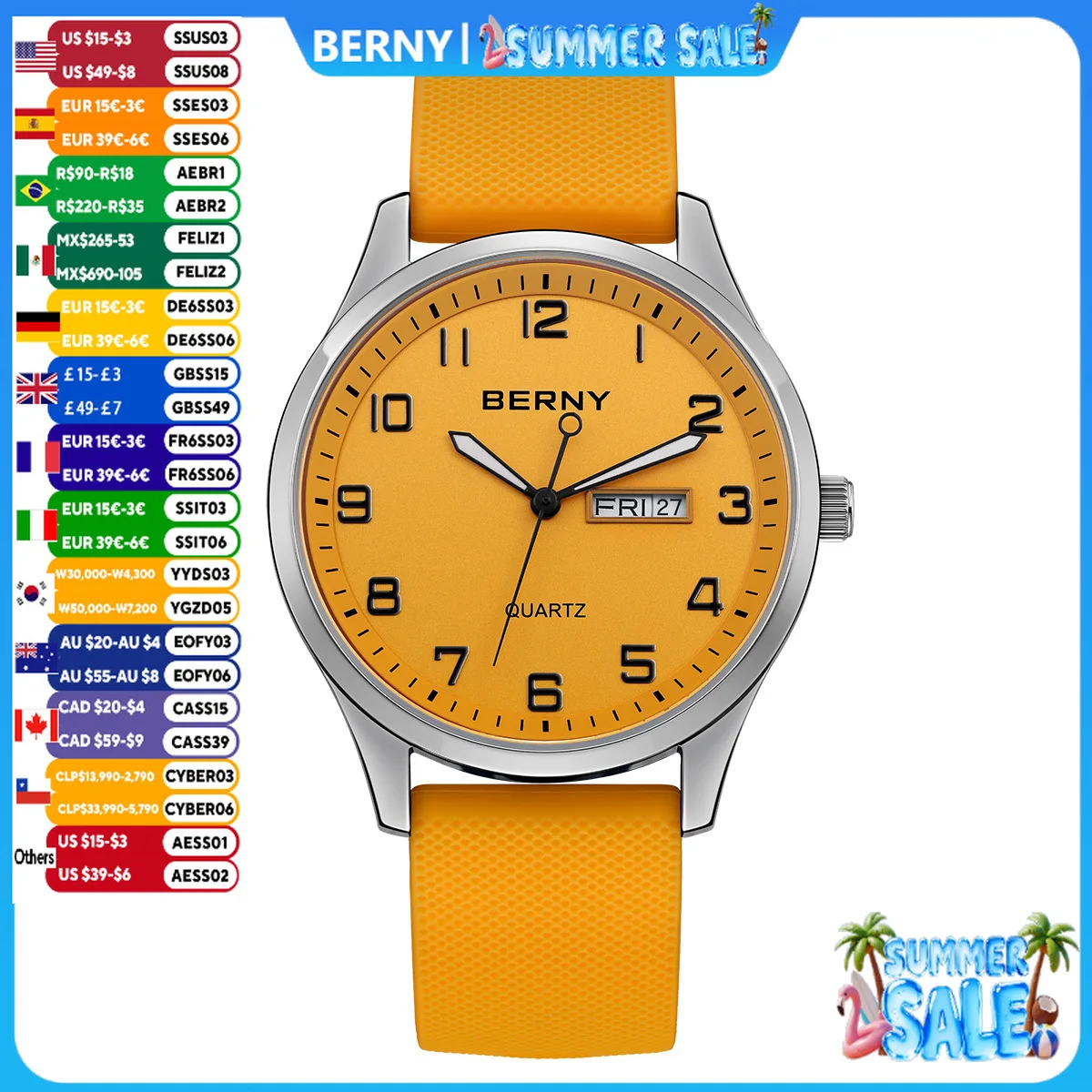 

BERNY Watches for Men Quartz Casual Sports Male Watches Soft Silicone Strap Big Dial Calendar Week Easy Read Wristwatch