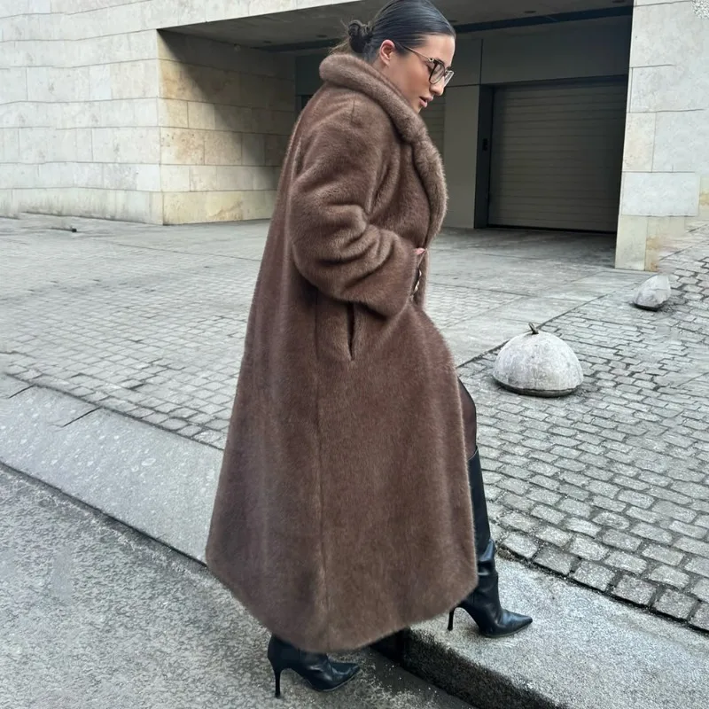 Tuularose kunstbont lange jas dames vetersluiting verdikte lange bontjas jas 2025, winter pluizig pluche warme revers vintage uitloper