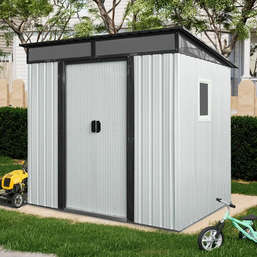 

6x5 ft Outdoor Metal Storage Shed with Floor Foundation and Window, Lockable Galvanized Steel Tool Shed with Sliding Door,