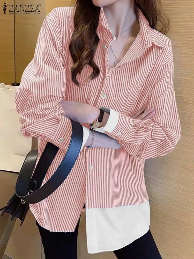 ZANZEA 2024 Autumn Long Sleeve OL Work Blouse Fashion Women Striped Shirts Casual Button Up Blusas Patchwork Tops Tunic Femme