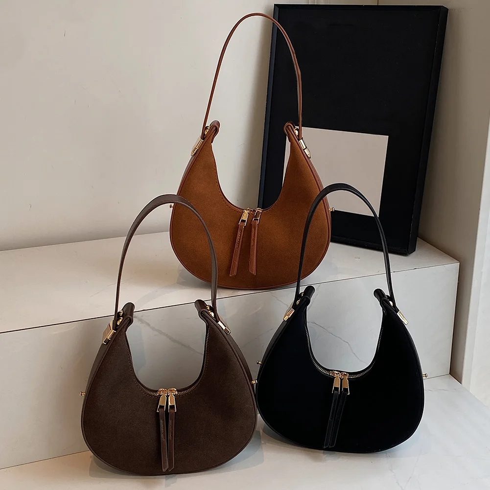 Dames Faux Suede Schoudertas Stijlvolle Halve Maan Tas Grote Capaciteit Kleine Tote Bag Ritssluiting Verstelbare Riem voor Herfst Winter
