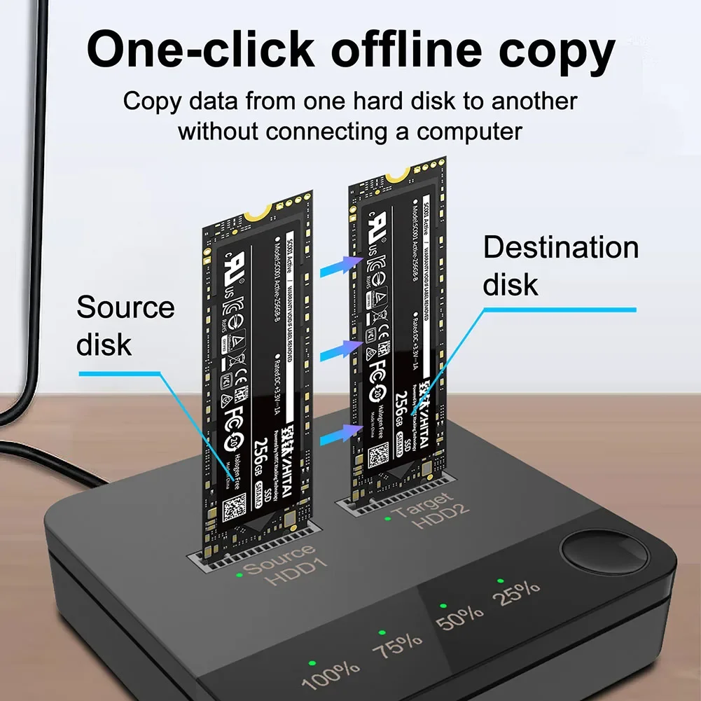 USB 3.1 C타입 to M.2 SATA 듀얼 베이 SSD 인클로저 외장 하드 디스크 도킹 스테이션, M2 HDD SSD 리더용 오프라인 클론 포함