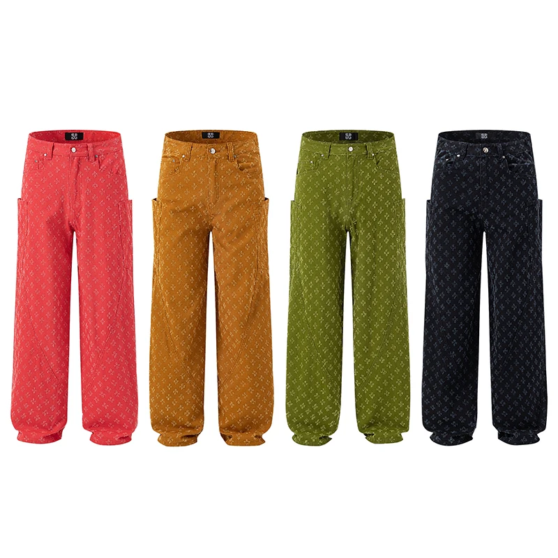 Street jacquard American large pockets washed men's pants high-end trend straight men's pants baggy jeans men