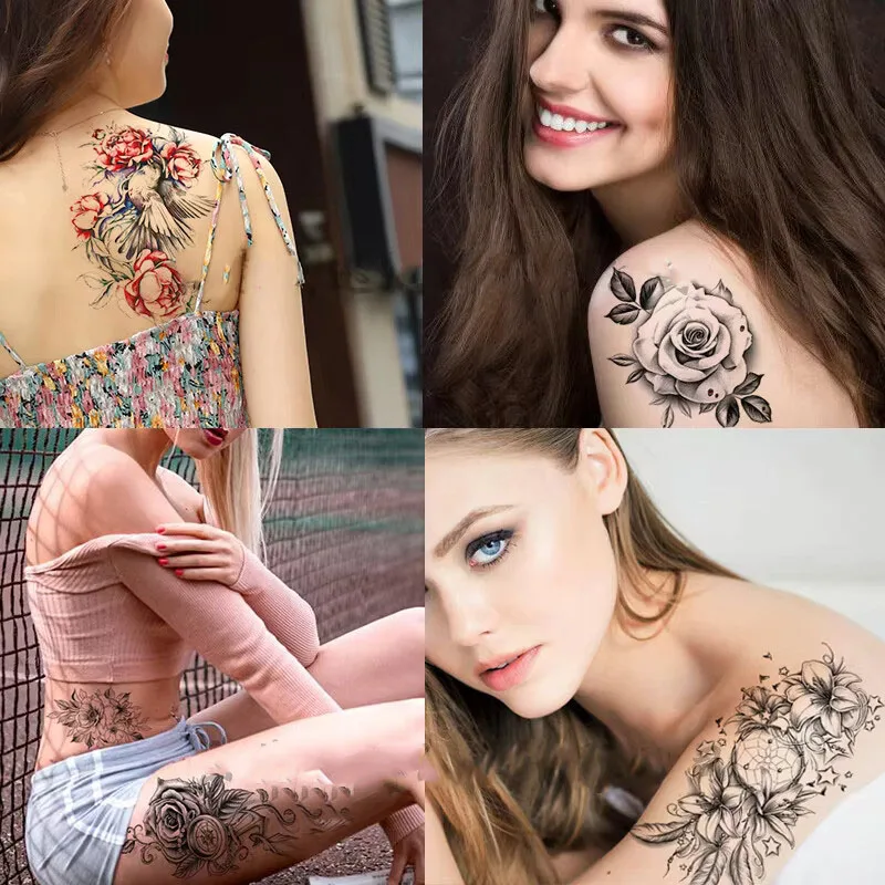 New Flower Sketch Tattoo Sticker Black and White Half Arm Tattoo Sticker Waterproof Bird Flowers Colorful