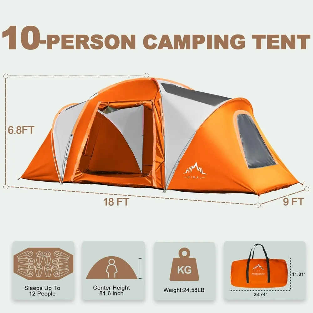 Tentes familiales pour camping, 10 pièces, grande tente de 2 pièces avec 4 grandes fenêtres en maille, étanche, festival de musique, fêtes