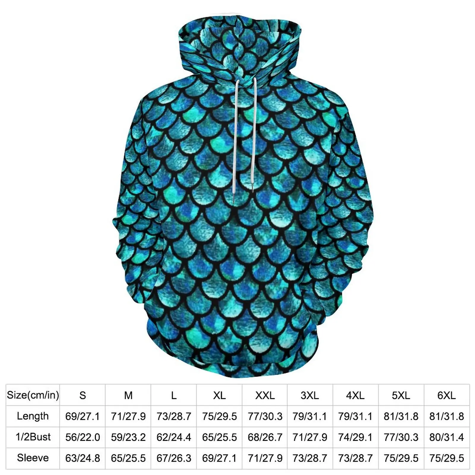 Mermaid Scales Loose Hoodies Turquoise Blue Animal Print Cute Hoodie Men Long Sleeve Oversized Street Wear Custom Sweatshirts