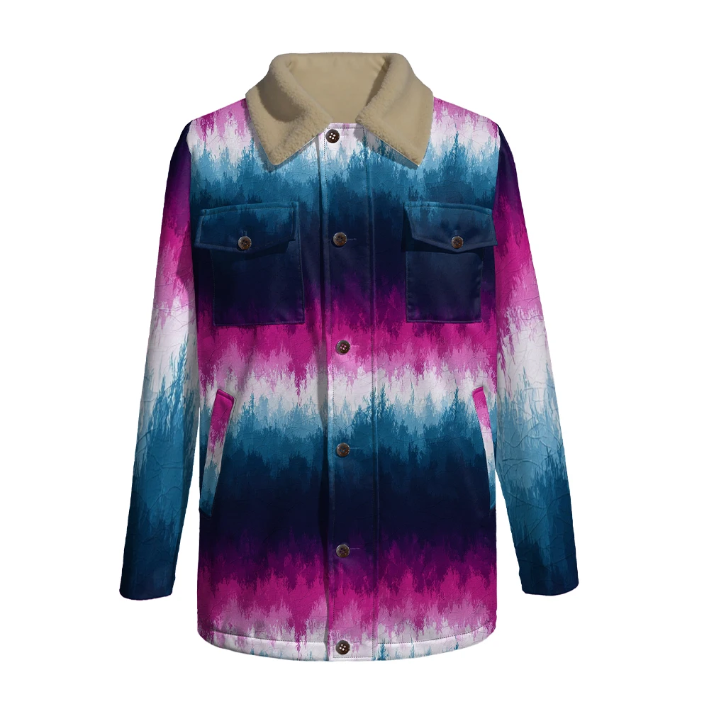 Men Tie-Dye Fleece Lined Collar Jacket Color Block Button Front Coat with Asymmetric Sleeve Design for Streetwear Winter Fashion