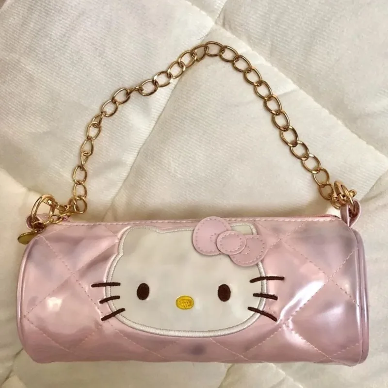 Miniso Y2k Hellokitty Cylinder Girls Bags Kawaii Kitty Cat Shoulder Bag Metal Chain Strap Japan Style Handbag Pink Bag For Women