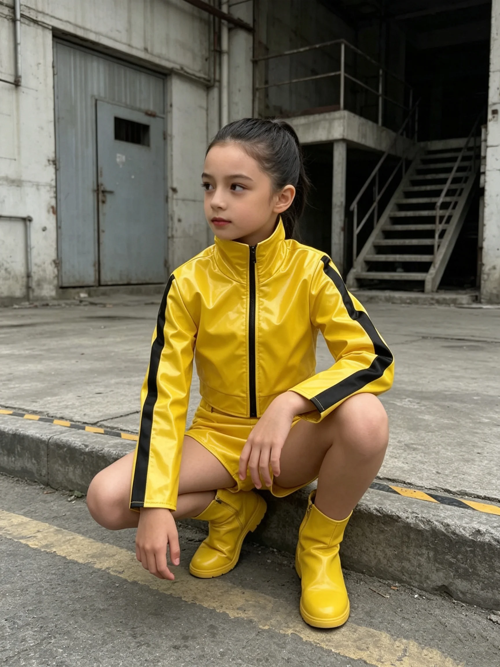 Kids yellow faux leather 2-piece suit, stand collar zip jacket + shorts cosplay costume set