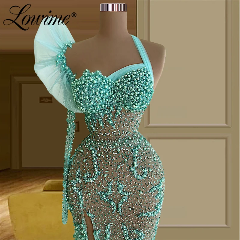 Lowime hortelã verde um ombro vestidos de noite 2022 sheer longo vestido de festa para casamento alta dividir vestidos de celebridade vestidos de baile