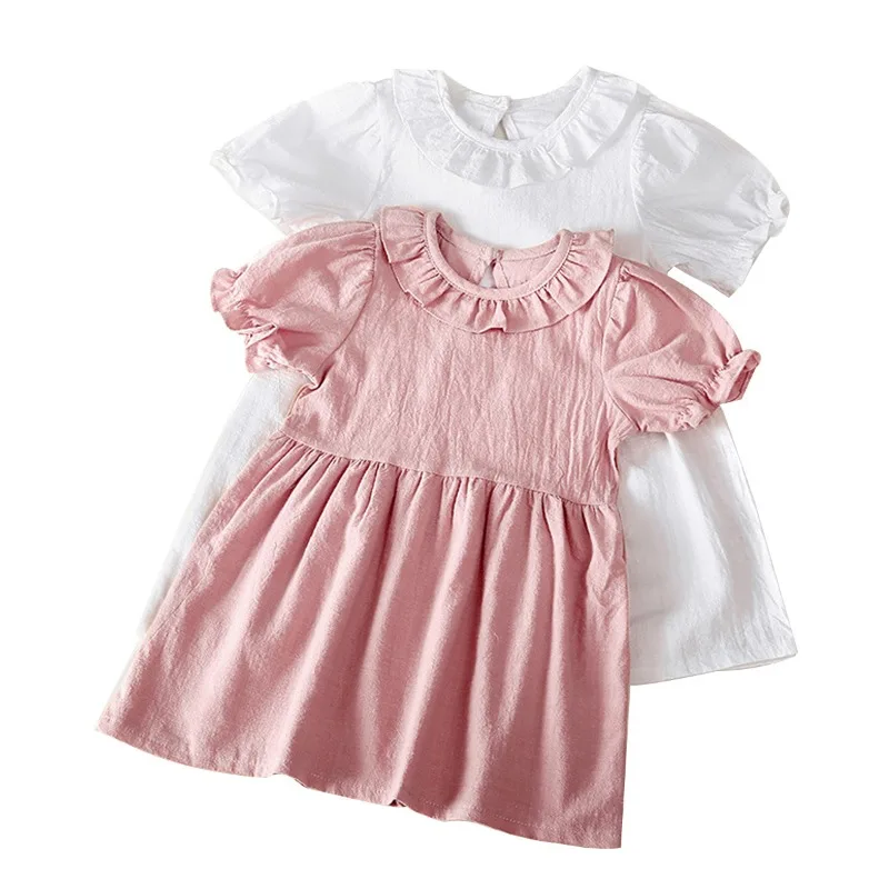 

2024 Summer New Girl's Linen Doll Collar Baby Princess Dress Solid Cotton and Linen Short Sleeved Fresh Dress for Children