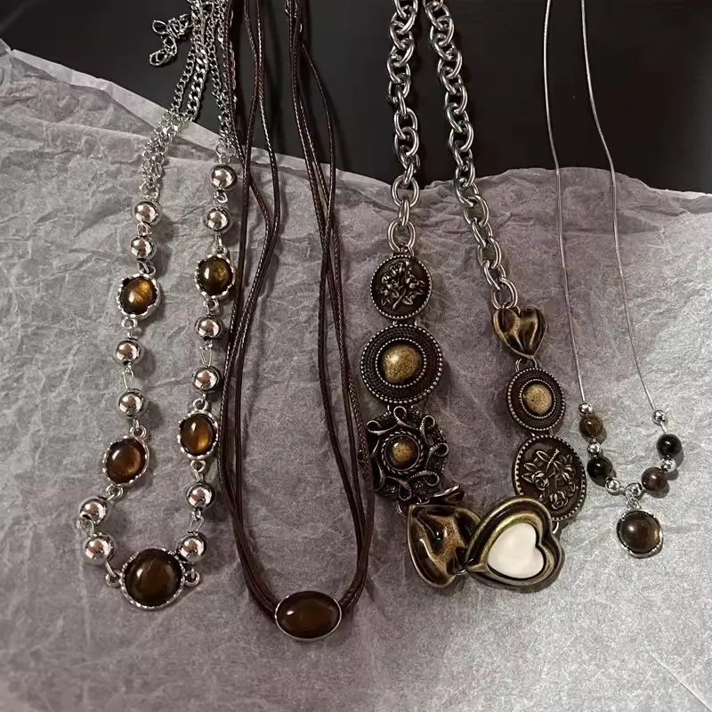 Punk-Mode Vintage Leder Brauner Stein Anhänger Halskette Stapelbare Choker-Kette für Frauen Mädchen Charm-Schmuck Großhandel