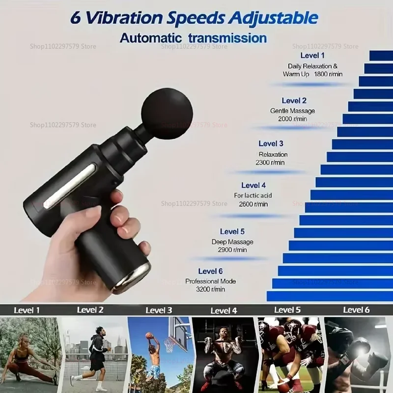 6 مستوى تدليك بندقية اللفافة العضلات العميقة الاسترخاء الجسم الرقبة مدلك أجهزة لياقة بدنية كهربائية الحد من الضوضاء الذكور الإناث