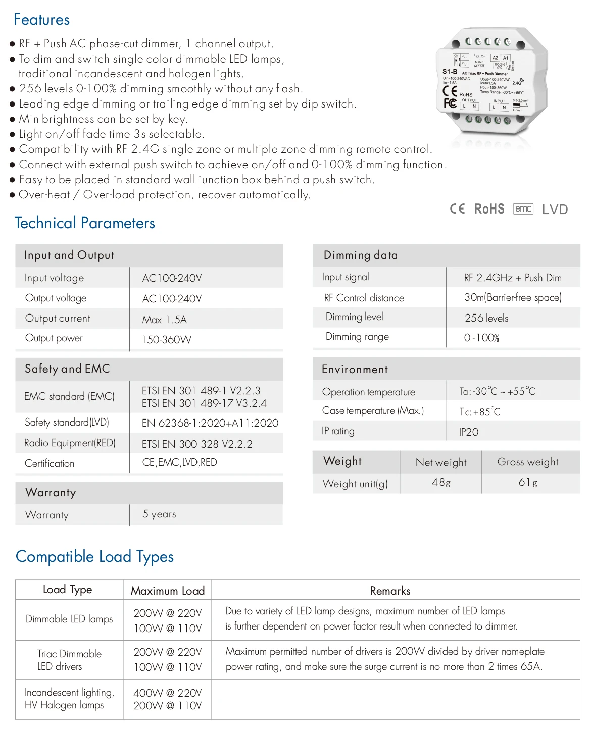 Miniinterruptor de atenuación LED, regulador de intensidad de 110V, 220 V, 230V, CA, Triac, 220 voltios, 2,4G, 1-4Zone, Control remoto para bombilla, lámpara, S1-B