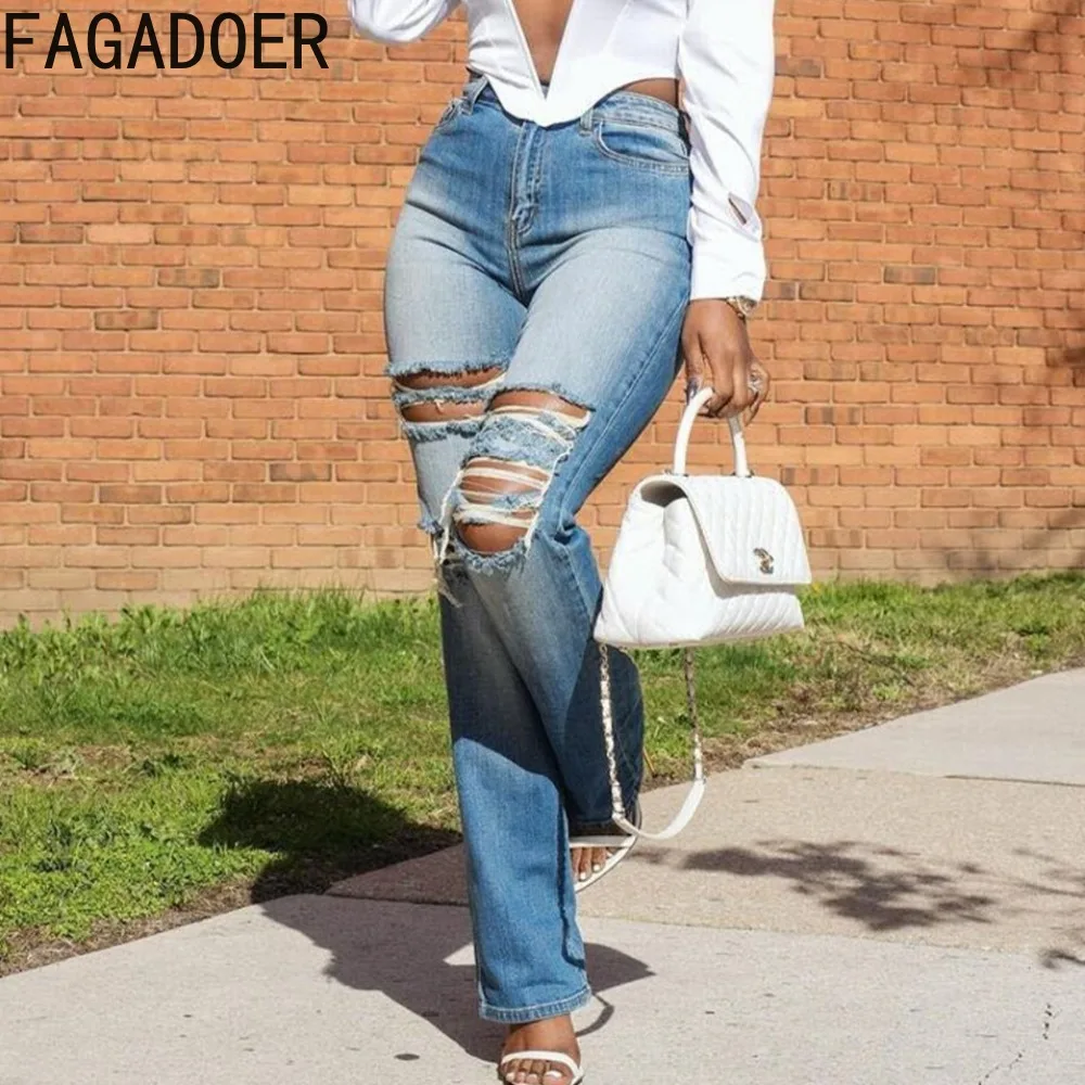 

FAGADOER Fashion Streetwear Women High Waist Button Hole Skinny Denim Pants Casual Female Cowboy Matching Trousers Bottoms 2024