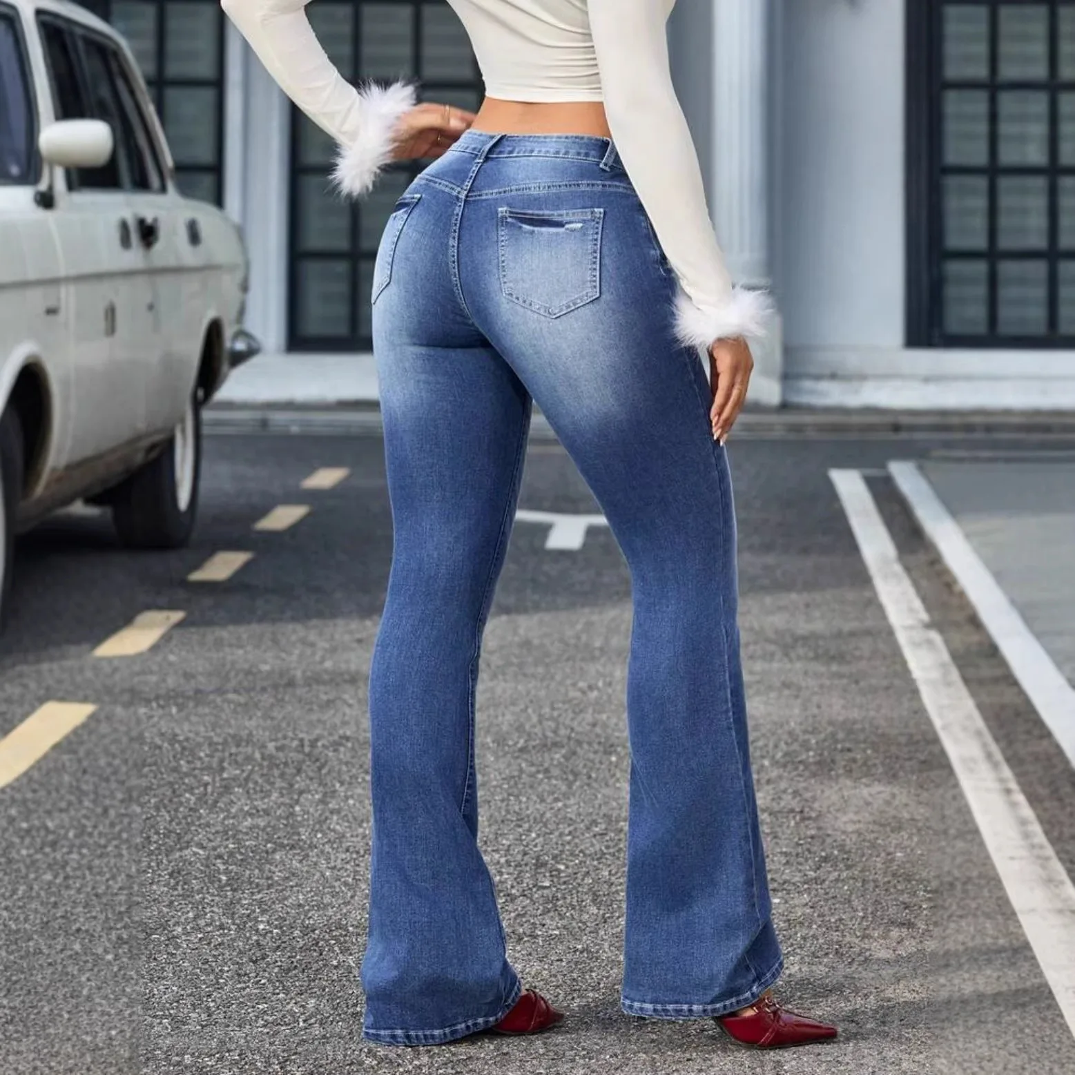 Girls Concise Ins High Waist Flared Jeans Female Stretchy Bootcut Denim Pants Women Solid Color Thin Bell Bottoms Trousers