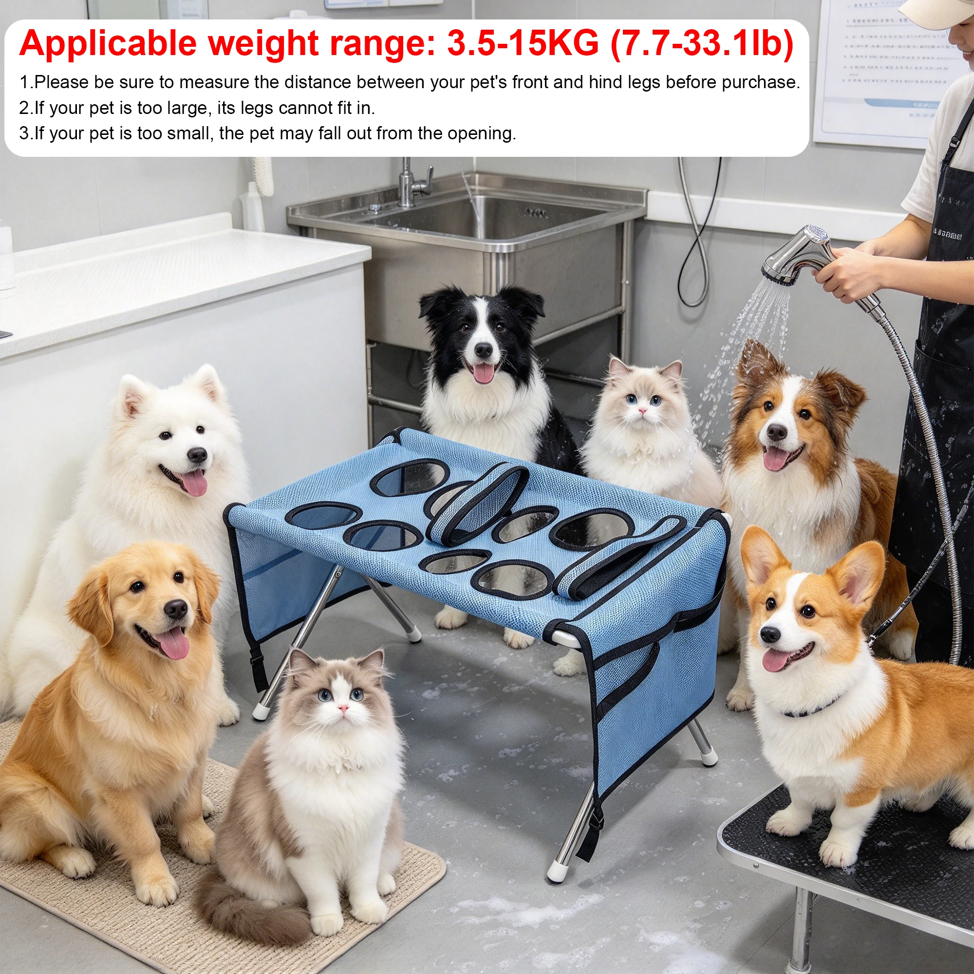 Upgraded 8-Hole Foldable Pet Grooming Table, Breathable Mesh Bathing Station for Small Medium Dogs Cats, Portable Stainless Stee