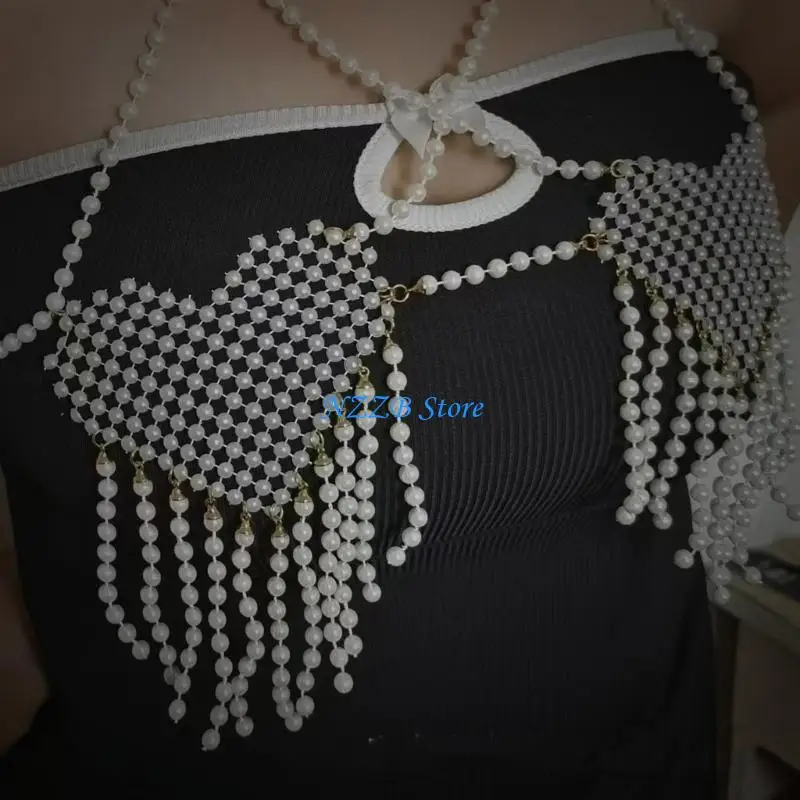

T21F Elegant Chest Chains with Pearls Unique Jewelry for Nightclub and Festival Wear
