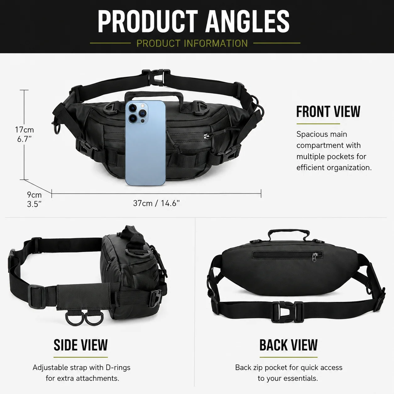 Taktische Hüfttasche, Sling Bag für Herren, Moto MTB Fahrrad-Hüfttasche, Outdoor Wandern, Camping, Angeln, EDC Handy Reise Gürteltasche – Detail 1