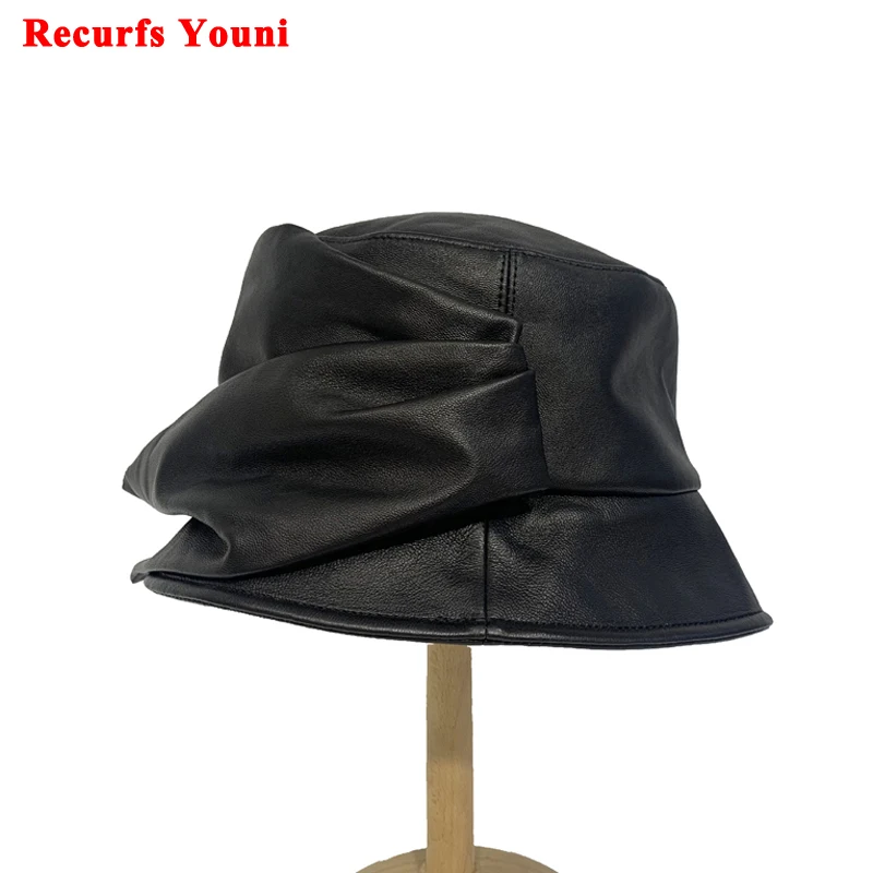 Elegant Basin Hat Qomen English Estate Designer High-End Flowers Folded Genuine Leather Caps Female Celebrity Retro Sun Chapeu