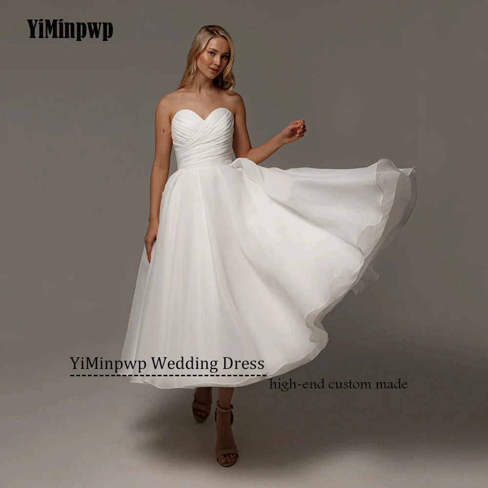 Gaun Pengantin Midi A-Line 2025 Tanpa Lengan Korset Organza Tanpa Tali Model Tea-Length Gaun Pengantin Custom vestidos de novia