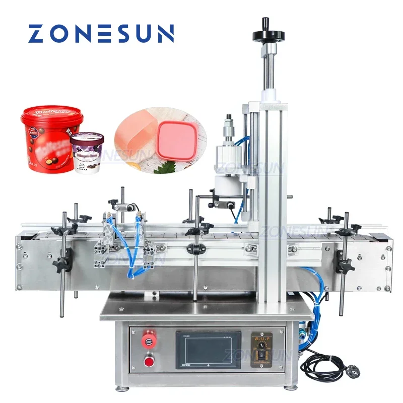 ZONESUN Benchtop Automatic Plastic Ice Cream Box Wine Bottle Cork Cap Pressing Capping Machine