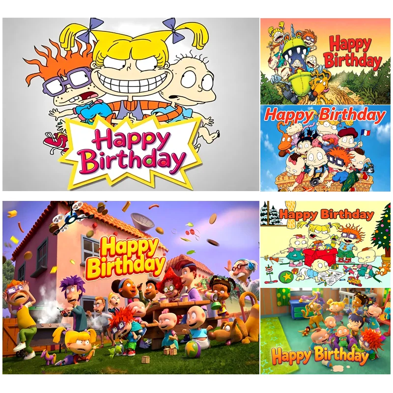 R-Rugrats Retro Cartoon Kids Birthday Backdrop Funny Childhood Animation Themed Birthday Party Decorations Happy Birthday Banner