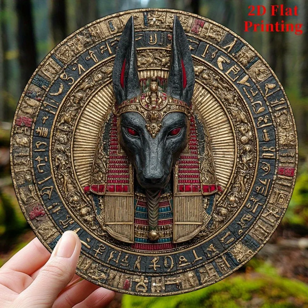 Aluminum Round 2D Wall Art Anubis Design for Home Office Garden Decor, 8x8 Inch Halloween Gift