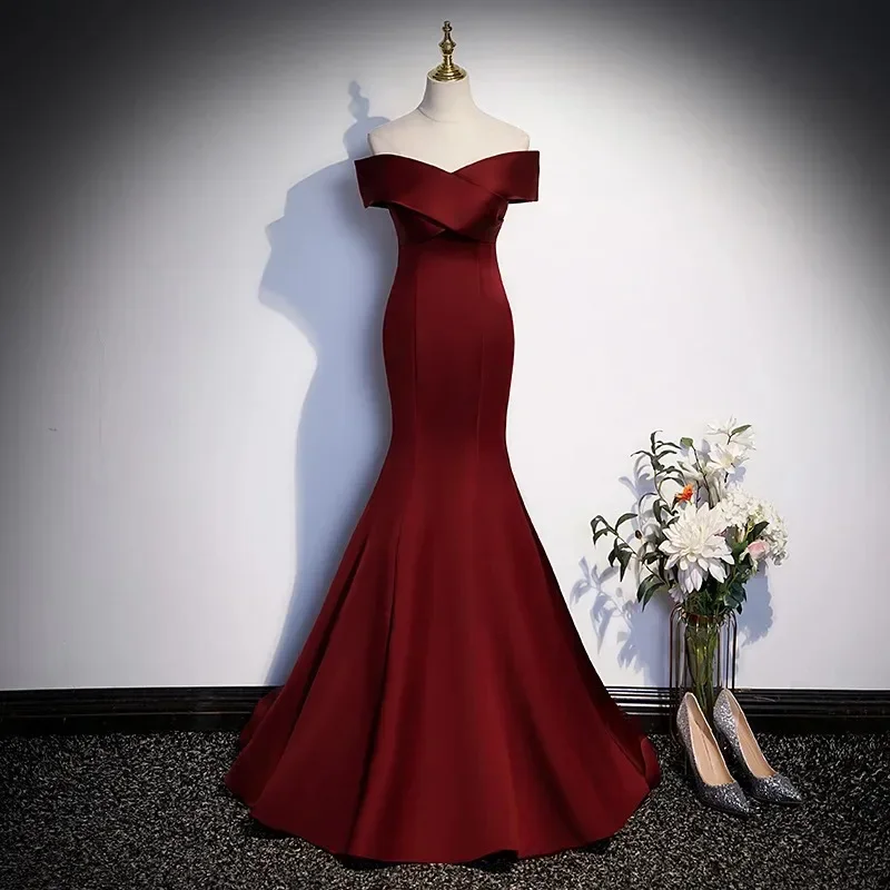 Customized Customized Wine Red Trumpet Evening Dress Female Slim Waist Slash Collar Elegant Wedding Party Dresses One-shoulder T