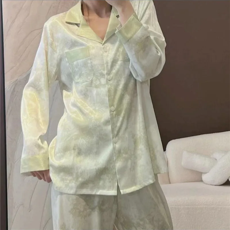 Women's Satin Pajama Set Spring New Classic Sandpainting Pajama Set Long Sleeve Button Green Pajama Lounge Pant Women Sleepwear