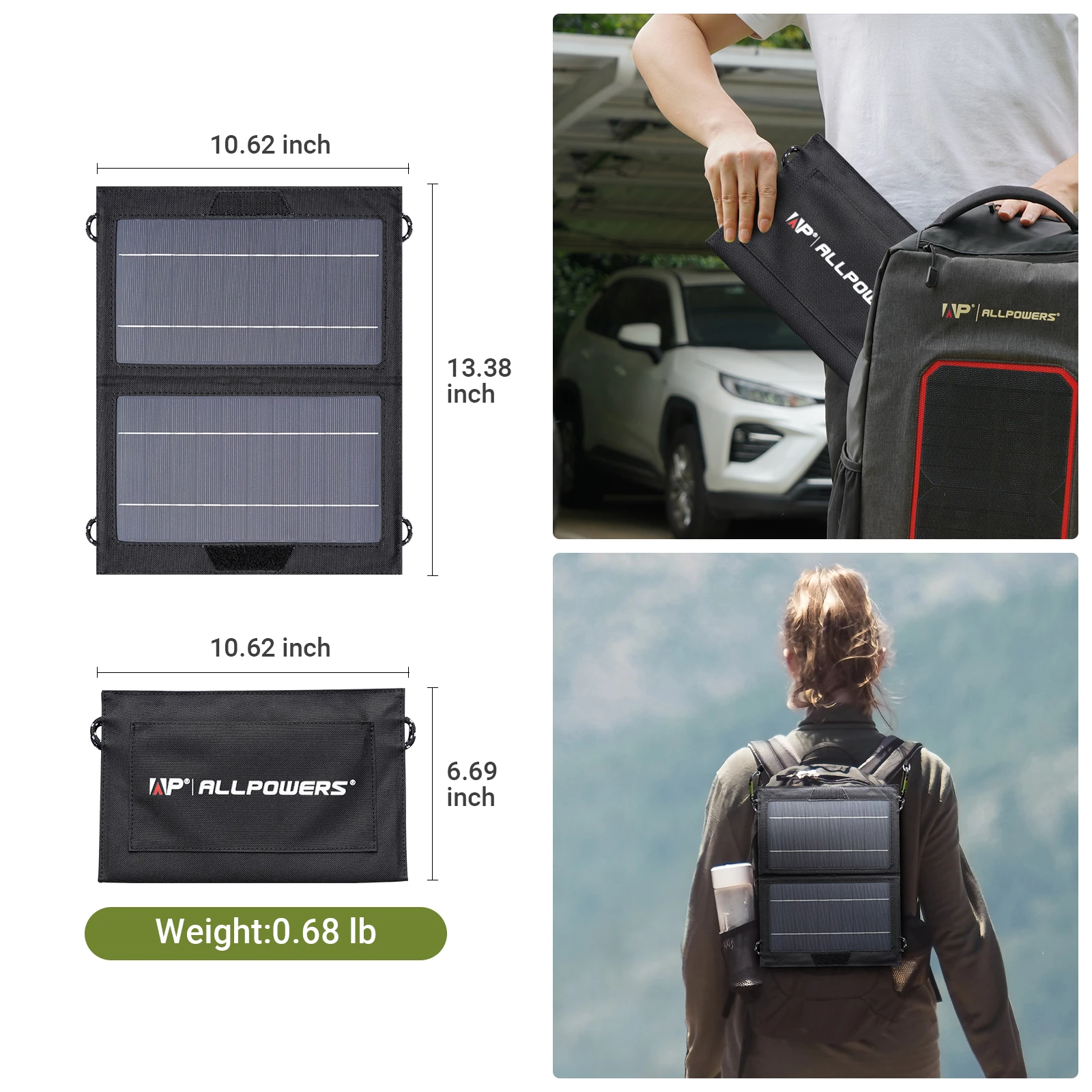 ALLPOWERS-cargador Solar portátil de 10W, Panel Solar plegable impermeable con salida USB para senderismo, Camping, mochilero, teléfono, iPad