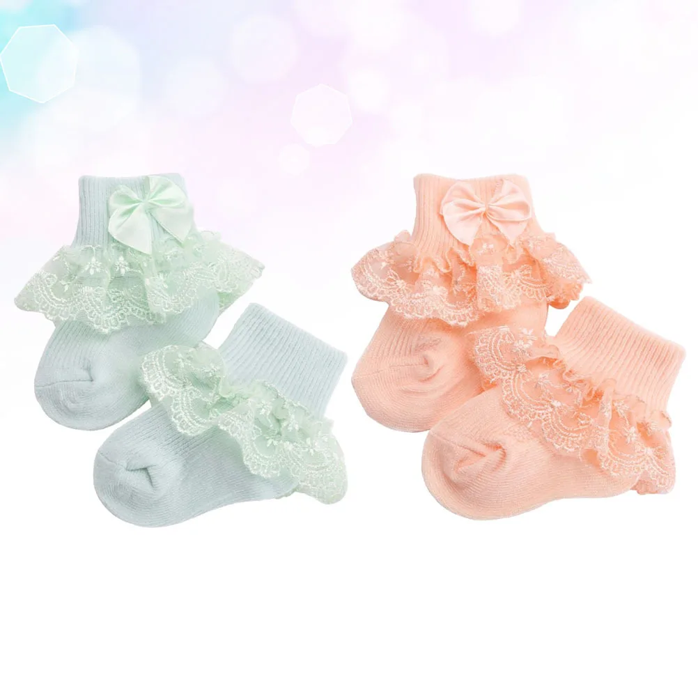 2Pairs الطفل الدانتيل الجوارب الأخضر البرتقالي S 0-1y تنفس عدم الانزلاق القوس عقدة تصميم لينة الدافئة مريحة الشتاء الخريف