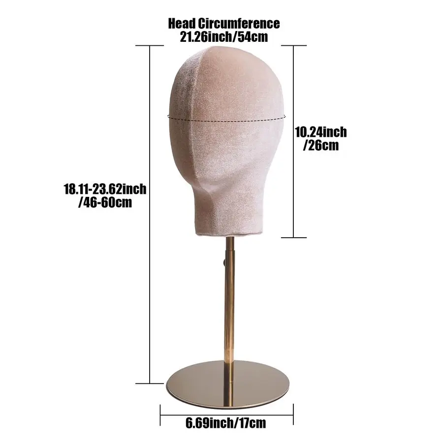 Mannequin Head Stand for Hat and Wig Display, Pinnable Wig Stand, Velvet Manikin Head Block with Retractable Metal Base, 21 Inch