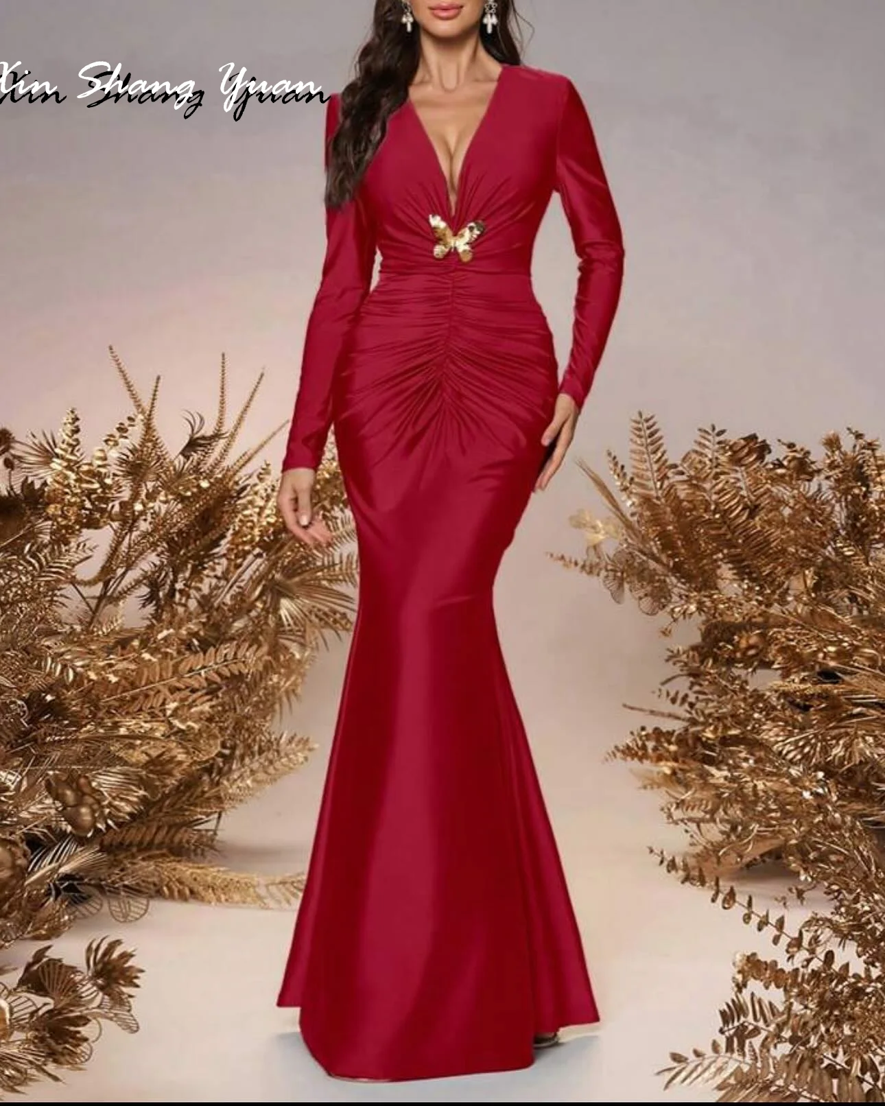 

Customized Evening Dress Classic Satin V-Neck Long Sleeves Prom Gowns Elegant Mermaid Floor Length Bow Ruched Party Dresses