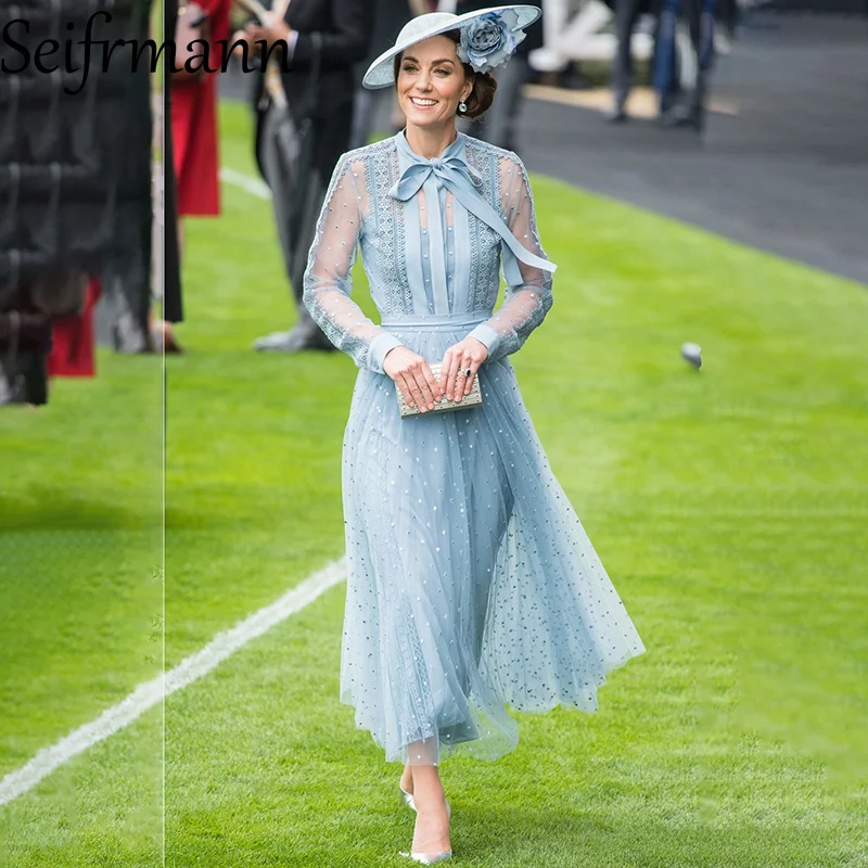 Vestido Largo de Mujer Seifrmann, Primavera 2026, Nuevo Estilo Moderno, Cuello con Volantes, Manga Larga, Malla con Flores Solubles en Agua, Cintura Ajustada