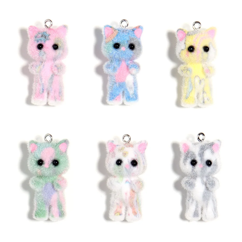 30pcs Resin Flocking Cute Colorful Charms Kitten Plush Doll Pendant for Keychain Necklace DIY Making Jewelry Accessories